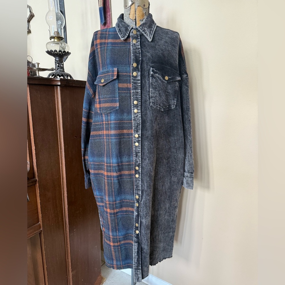 NWT Oli & Hali Corduroy Black Plaid Patchwork Duster Trench Style Jacket